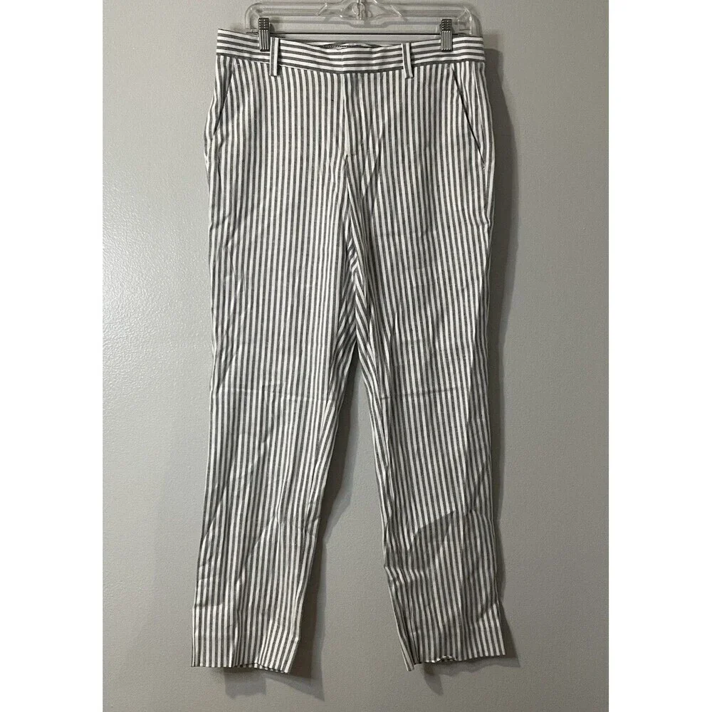 BANANA REPUBLIC‎ Avery Straight-Fit Linen-Cotton Ankle Pant 8L Gray White NEW
